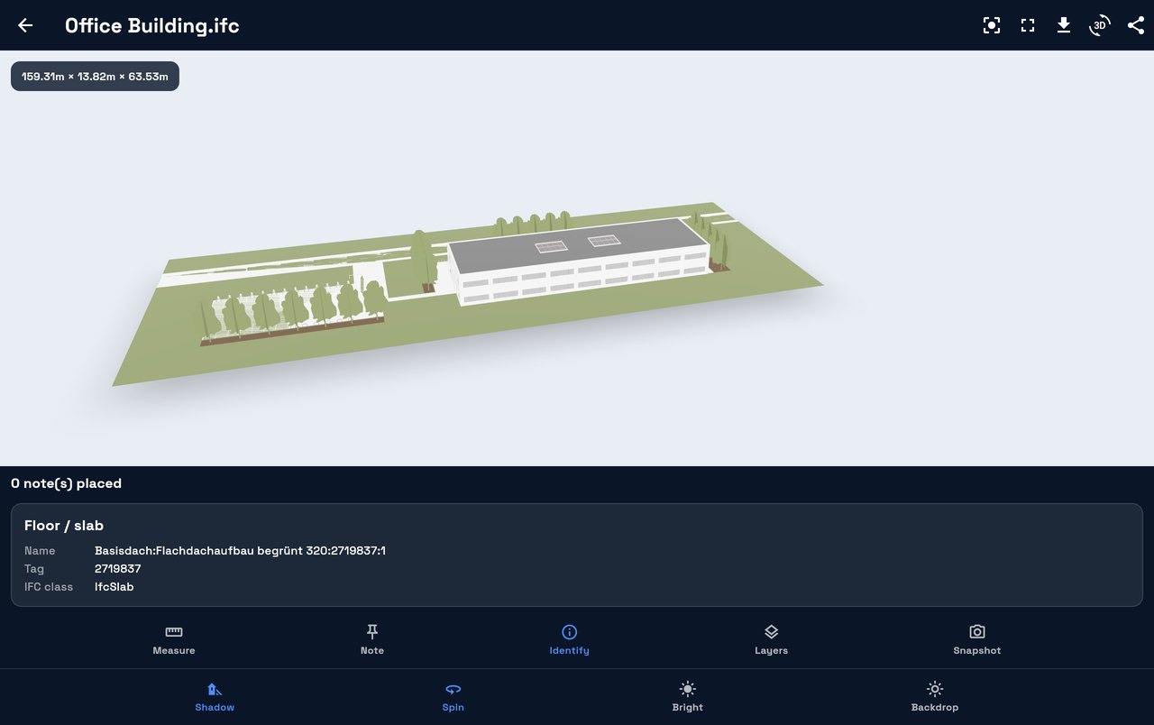 ARCatalog showing a real office building converted from IFC, with an element identified as a wall on level E00, its type and tag read from the file.